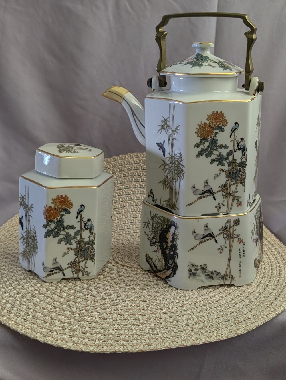 Vintage Japanese Hexagonal Teapot Tea Caddy Warmer Set Birds Gold Trim